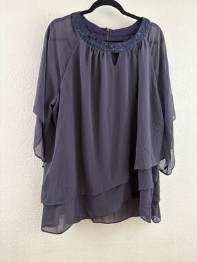 Hanna Nikole chiffon blouse rhinestone-embellished neckline  layered sleeves 20W